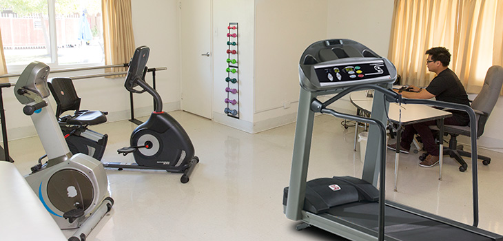 Rehabilitation room with exercise equipment and rehab staff completing work