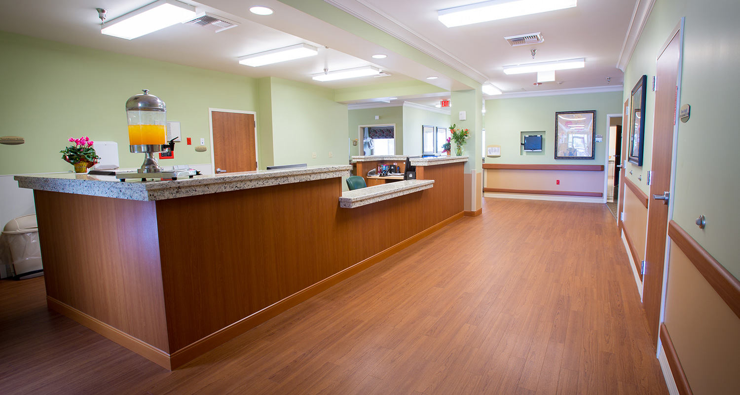 Nursing station with flowers on the counter
